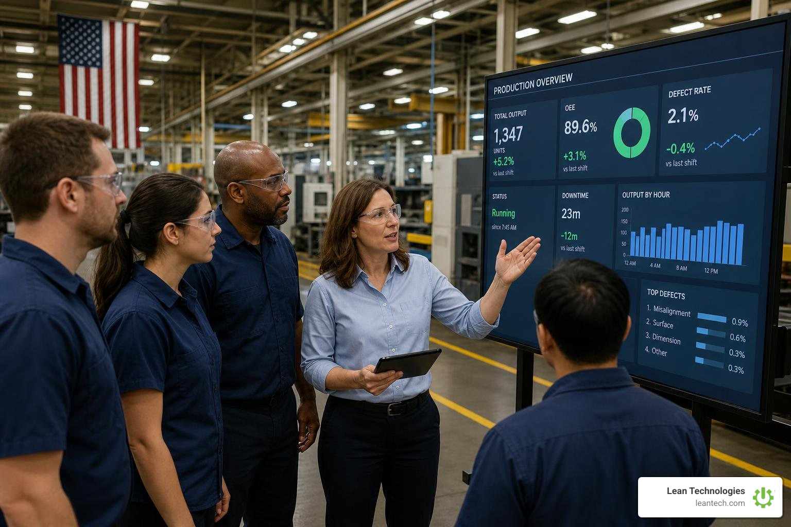 A manufacturing team huddling around a digital dashboard to review real-time production metrics