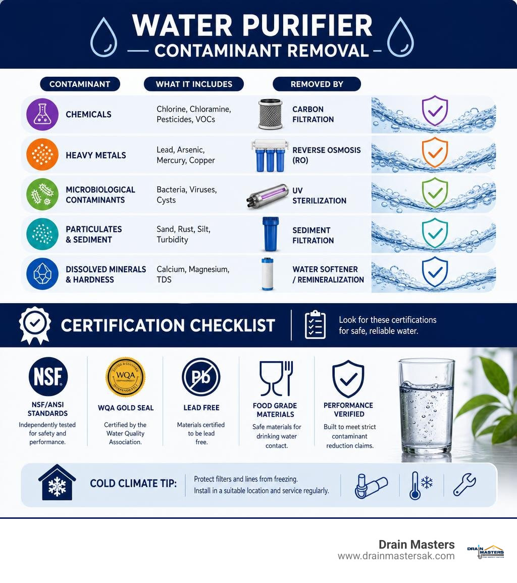 Water purifier contaminant removal and certification checklist infographic infographic