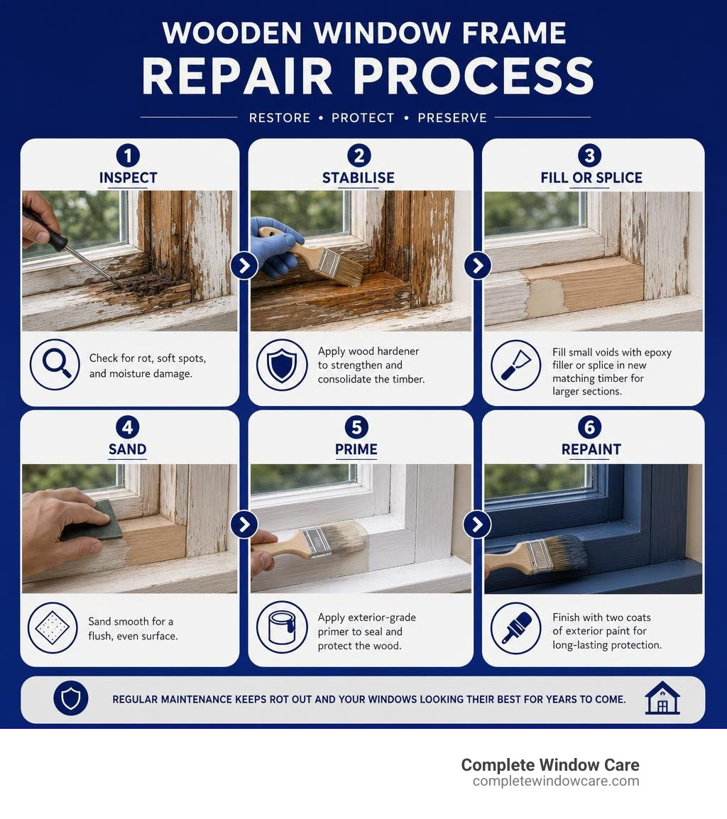 Infographic showing the wooden window frame repair process from inspection through stabilising, filling, sanding, priming