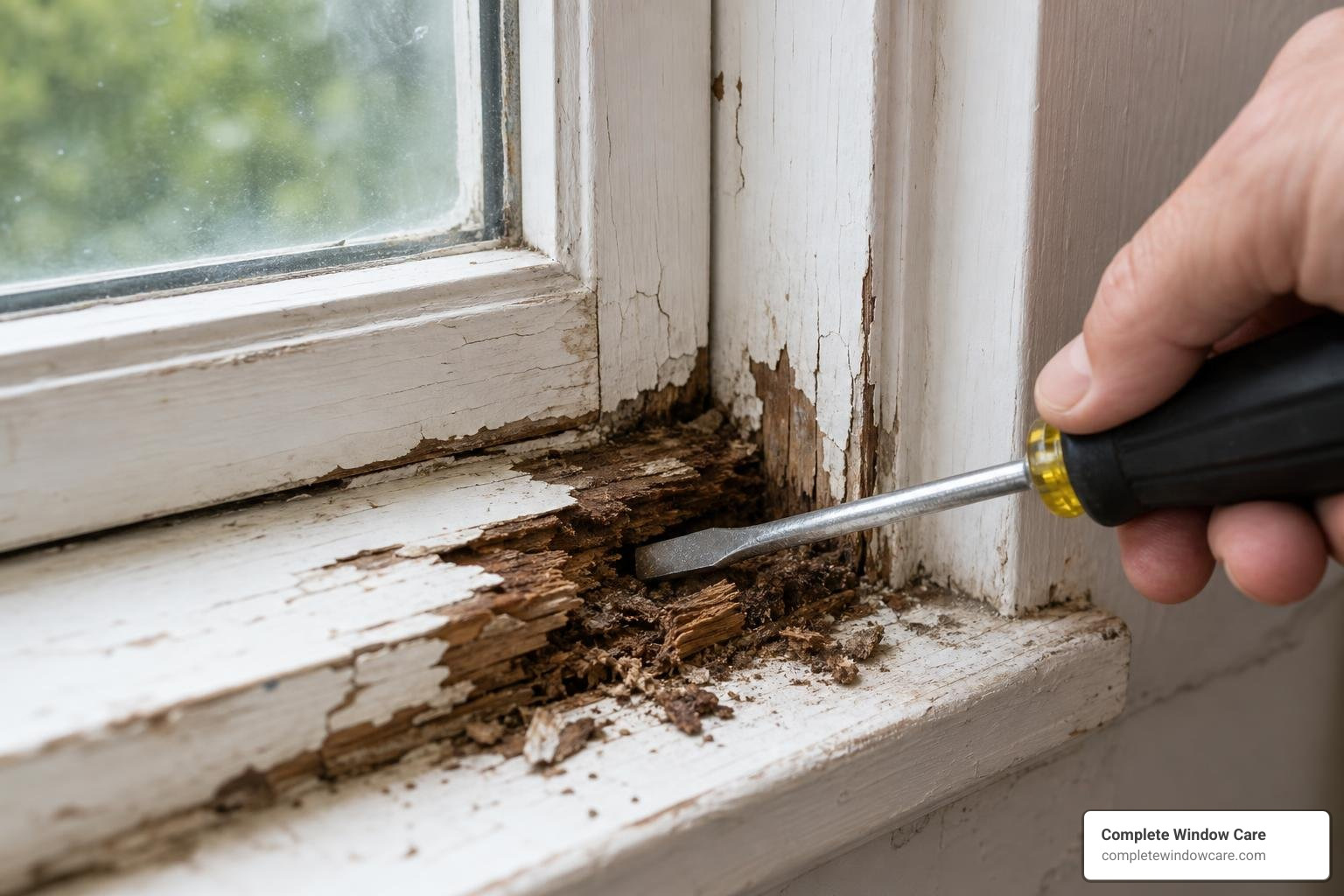 probing soft sill corner with screwdriver