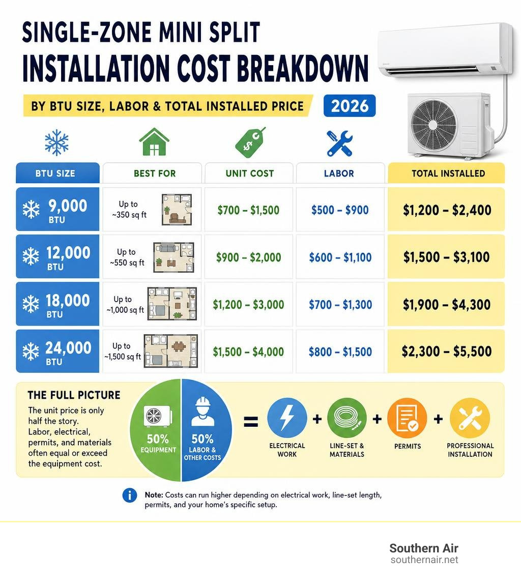 Infographic showing single-zone mini split installation cost breakdown by BTU size, labor, and total installed price in 2026 Infographic showing single-zone mini split installation cost breakdown by BTU size, labor, and total installed price in 2026