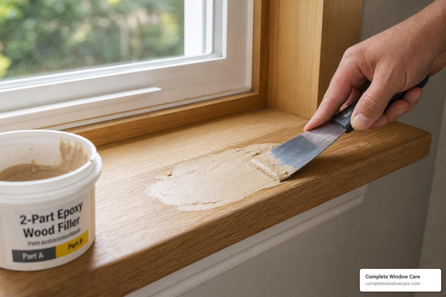 repaired wooden sill being filled and shaped