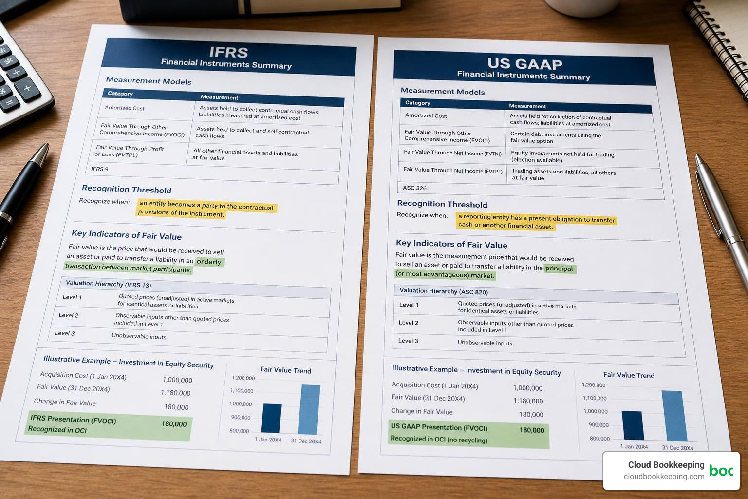 Accounting measurement models comparison showing recognition thresholds and fair value