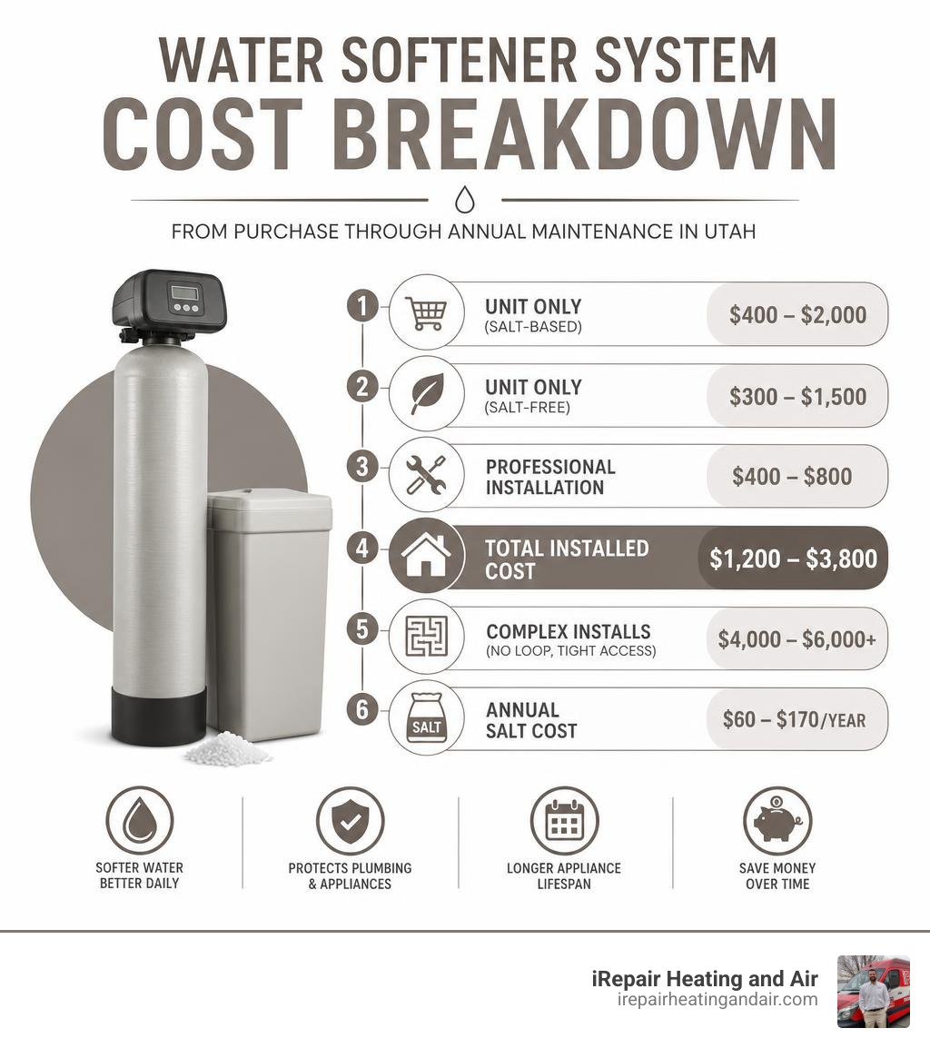 Water softener system cost breakdown from purchase through annual maintenance in Utah infographic Water softener system cost breakdown from purchase through annual maintenance in Utah infographic