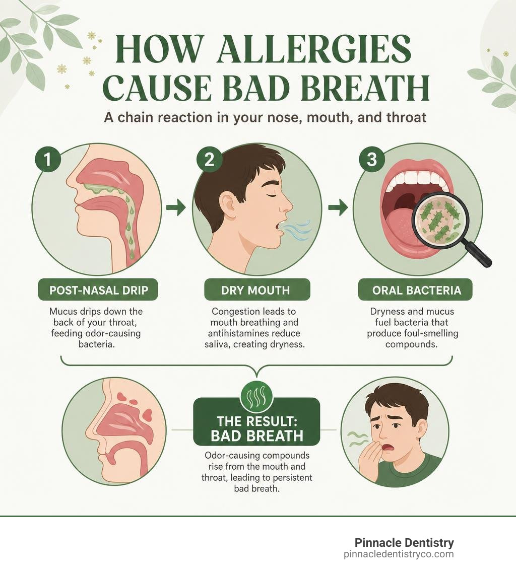 Infographic showing how allergies cause bad breath through post-nasal drip dry mouth and oral bacteria infographic