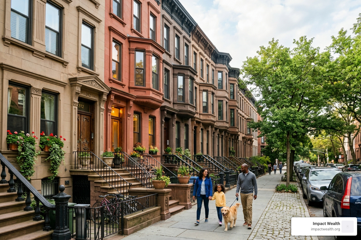 classic West Village townhouse exterior with tree-lined street