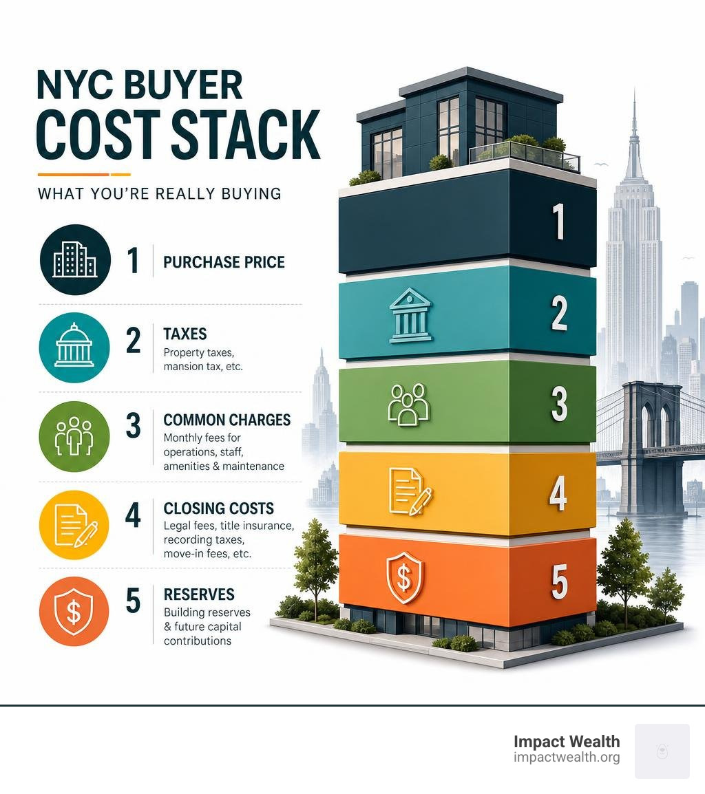 NYC buyer cost stack showing price, taxes, common charges, closing costs, and reserves infographic