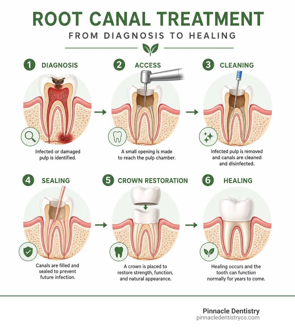 Root canal treatment infographic from diagnosis through cleaning, sealing, crown restoration, and healing infographic