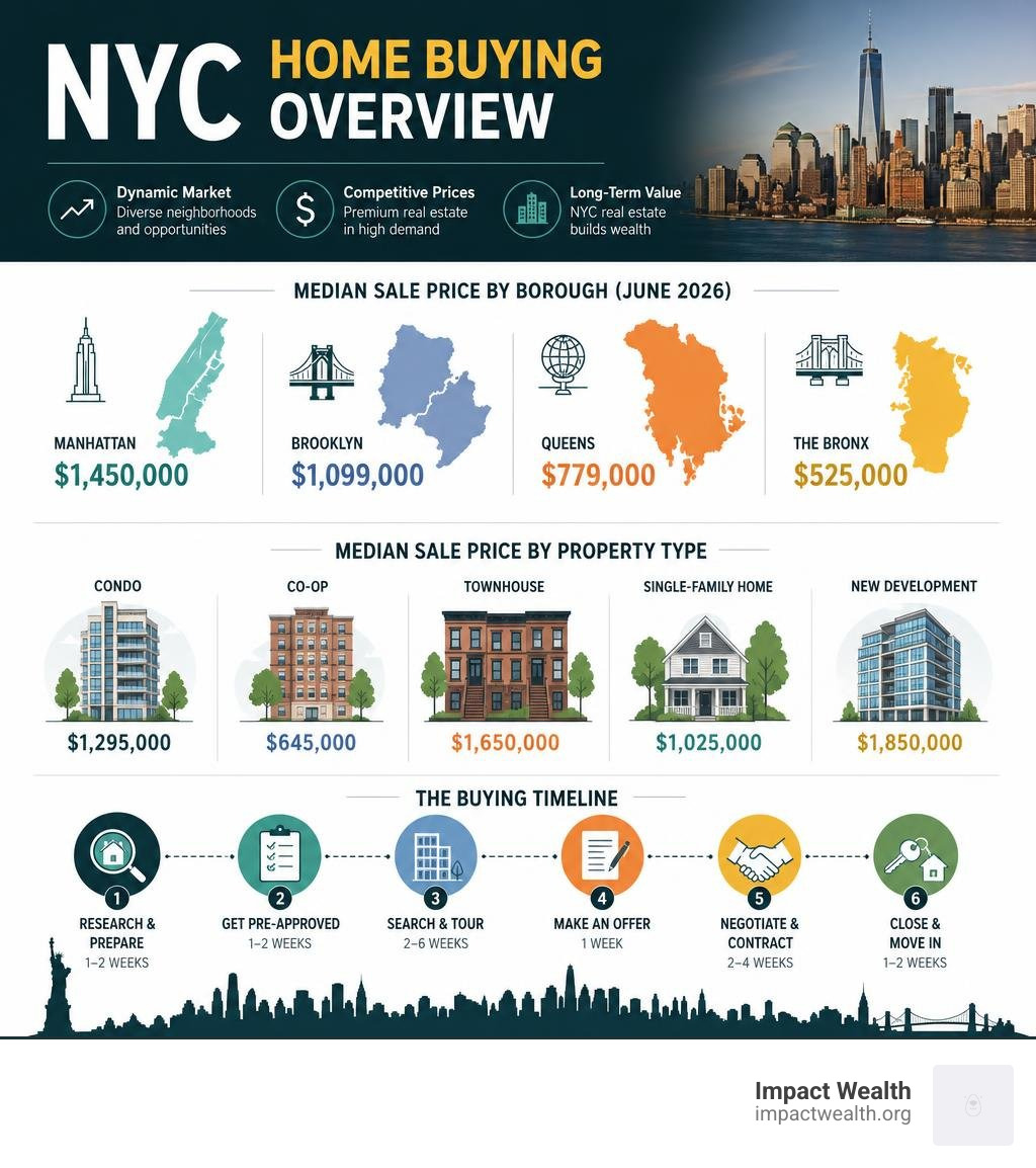 NYC home buying overview infographic with median prices by borough, property types, and buying timeline infographic