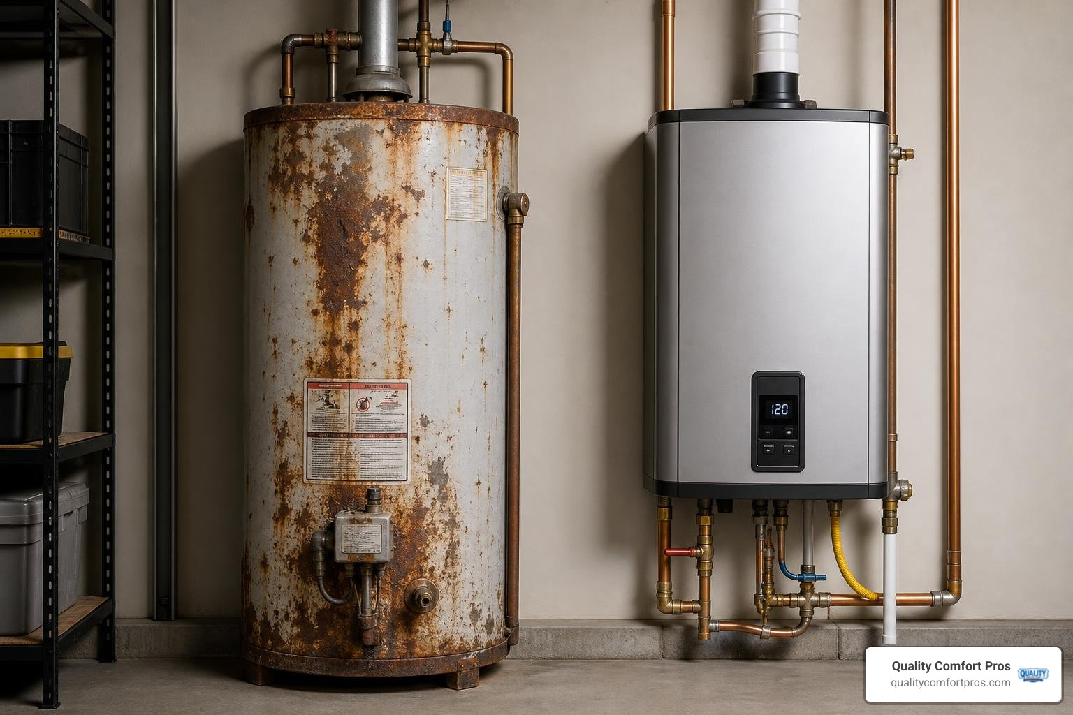 Old corroded tank water heater next to a sleek new energy efficient unit