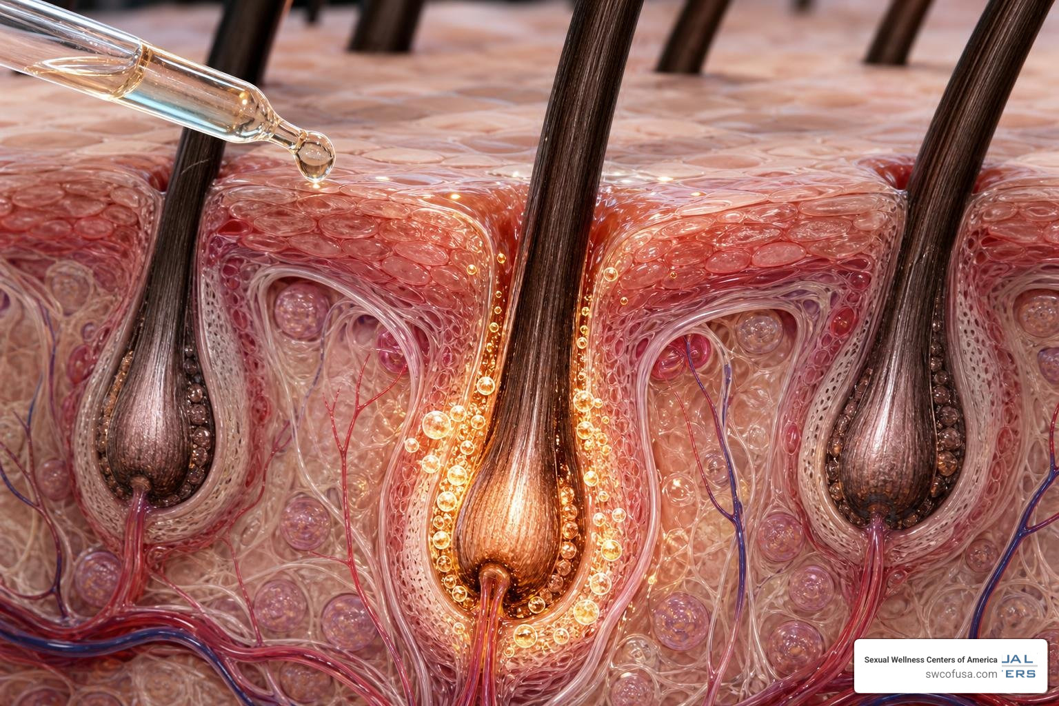 Microscopic view of active hair roots receiving treatment