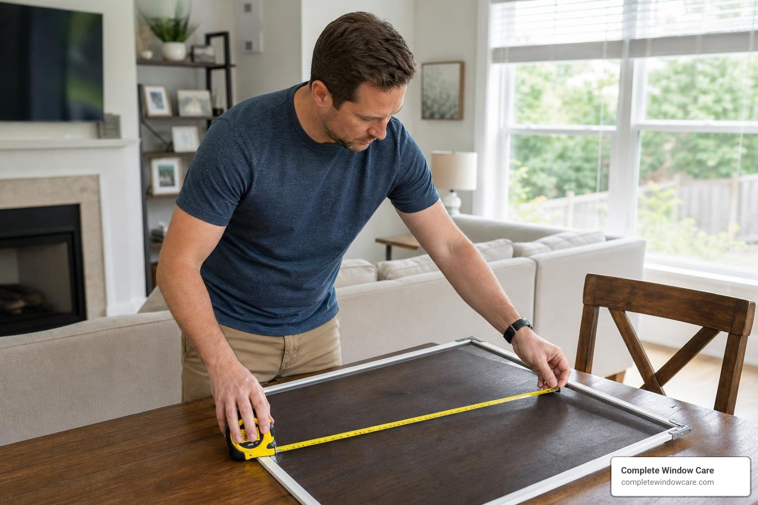 homeowner measuring window screen frame for custom pet resistant screen