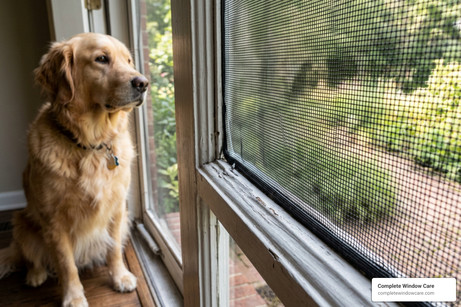 durable pet screen material close up on window frame with dog nearby