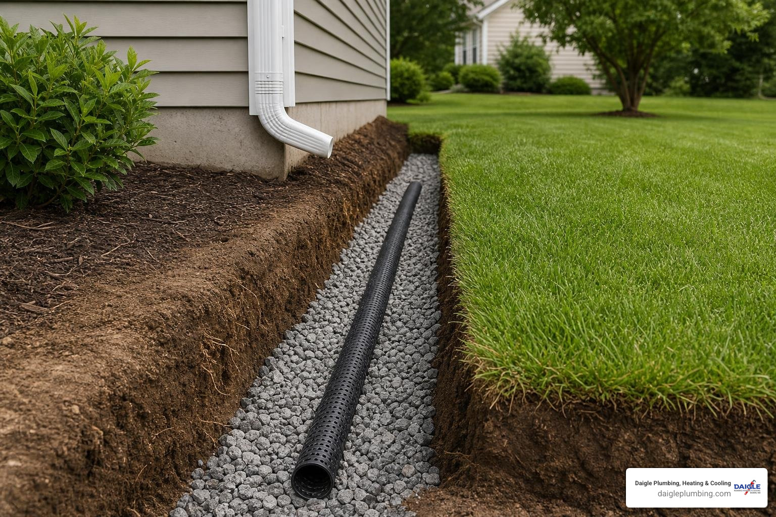 drainage trench with perforated pipe and gravel installed beside a residential lawn drainage trench with perforated pipe and gravel installed beside a residential lawn