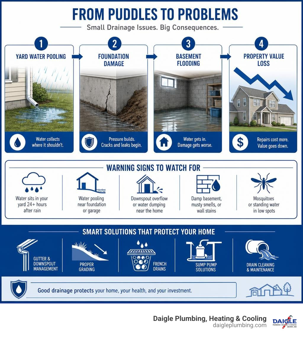 Infographic showing the progression from yard water pooling to foundation damage, basement flooding, and property value loss Infographic showing the progression from yard water pooling to foundation damage, basement flooding, and property value loss