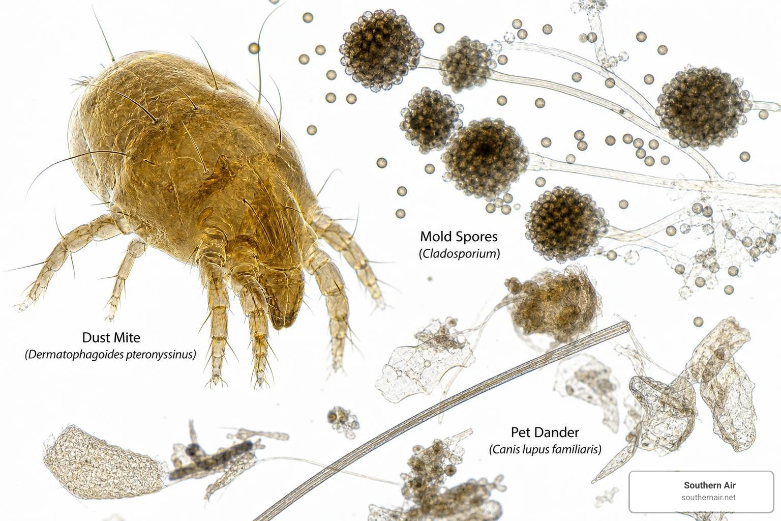 Indoor air pollutants such as dust mites, mold spores, and pet dander under magnification Indoor air pollutants such as dust mites, mold spores, and pet dander under magnification