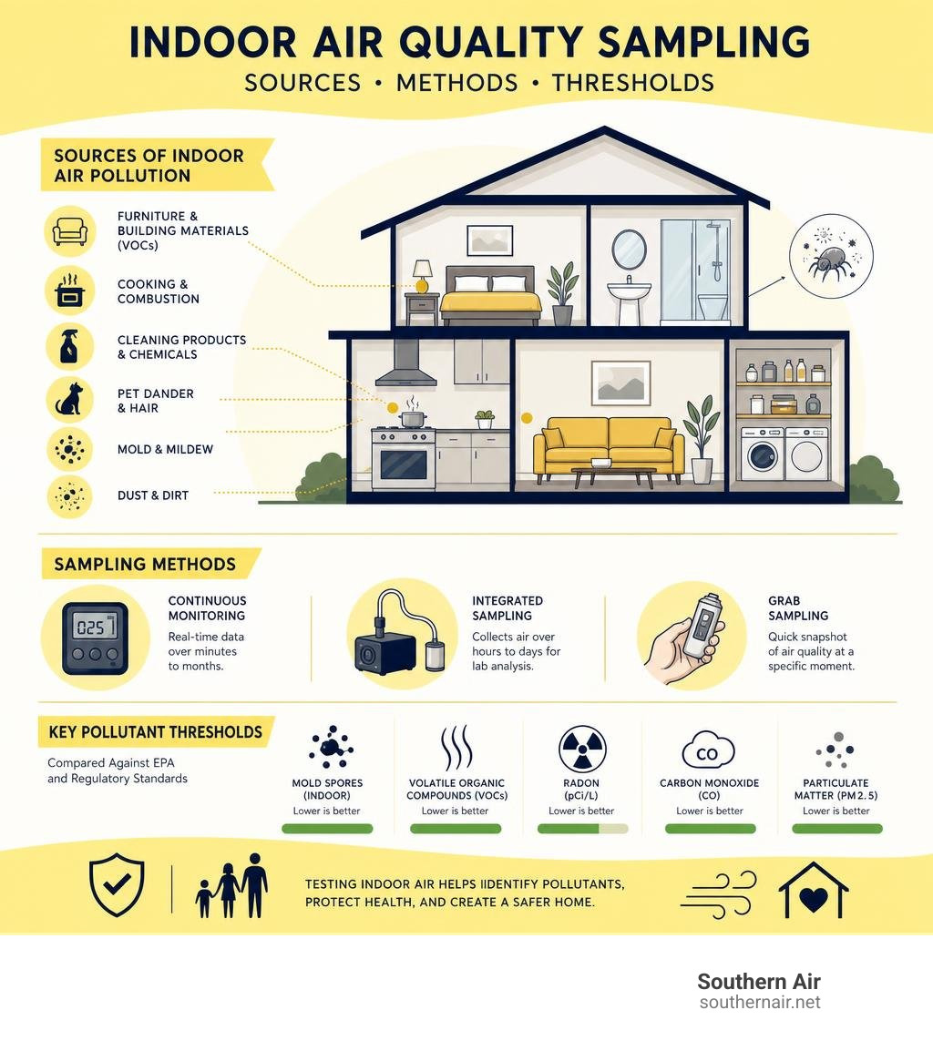 Infographic showing sources of indoor air pollution, sampling methods, and key pollutant thresholds infographic Infographic showing sources of indoor air pollution, sampling methods, and key pollutant thresholds infographic