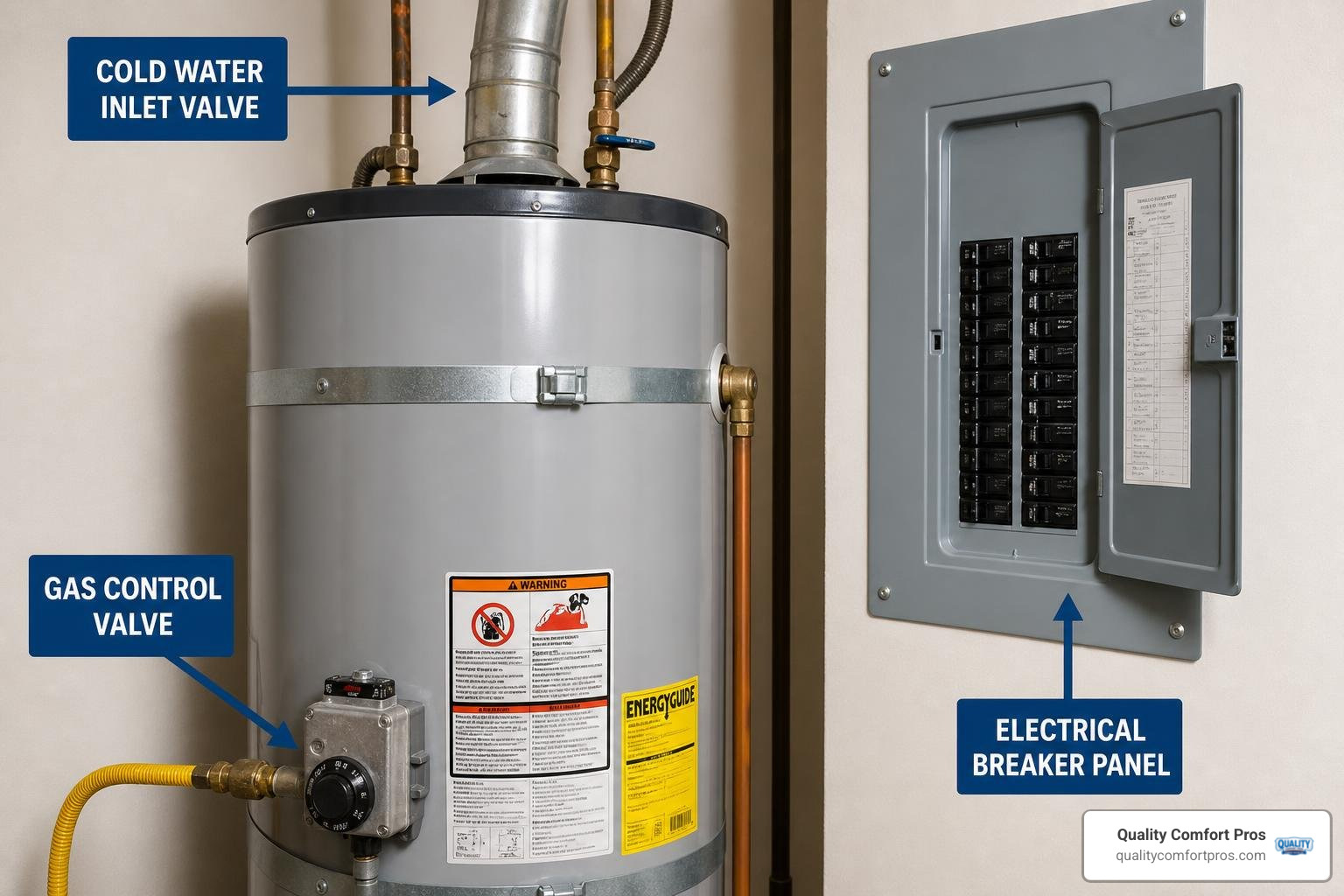 Labeled water heater shutoff valves showing cold water valve, gas control valve, and electric breaker