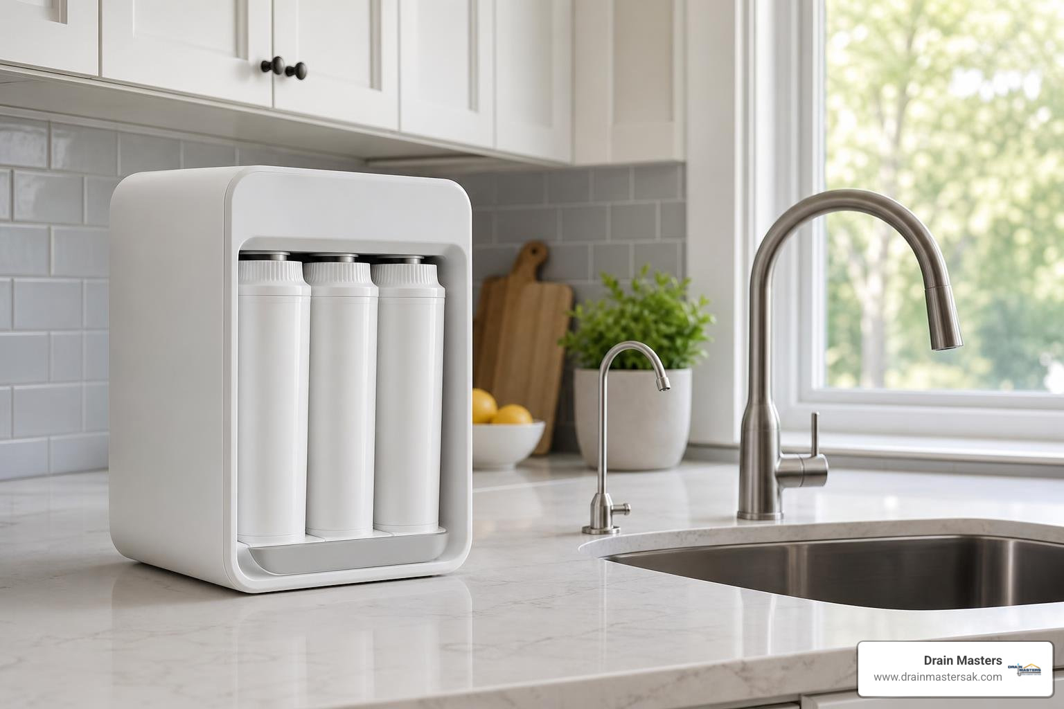 countertop reverse osmosis water purifier in clean kitchen