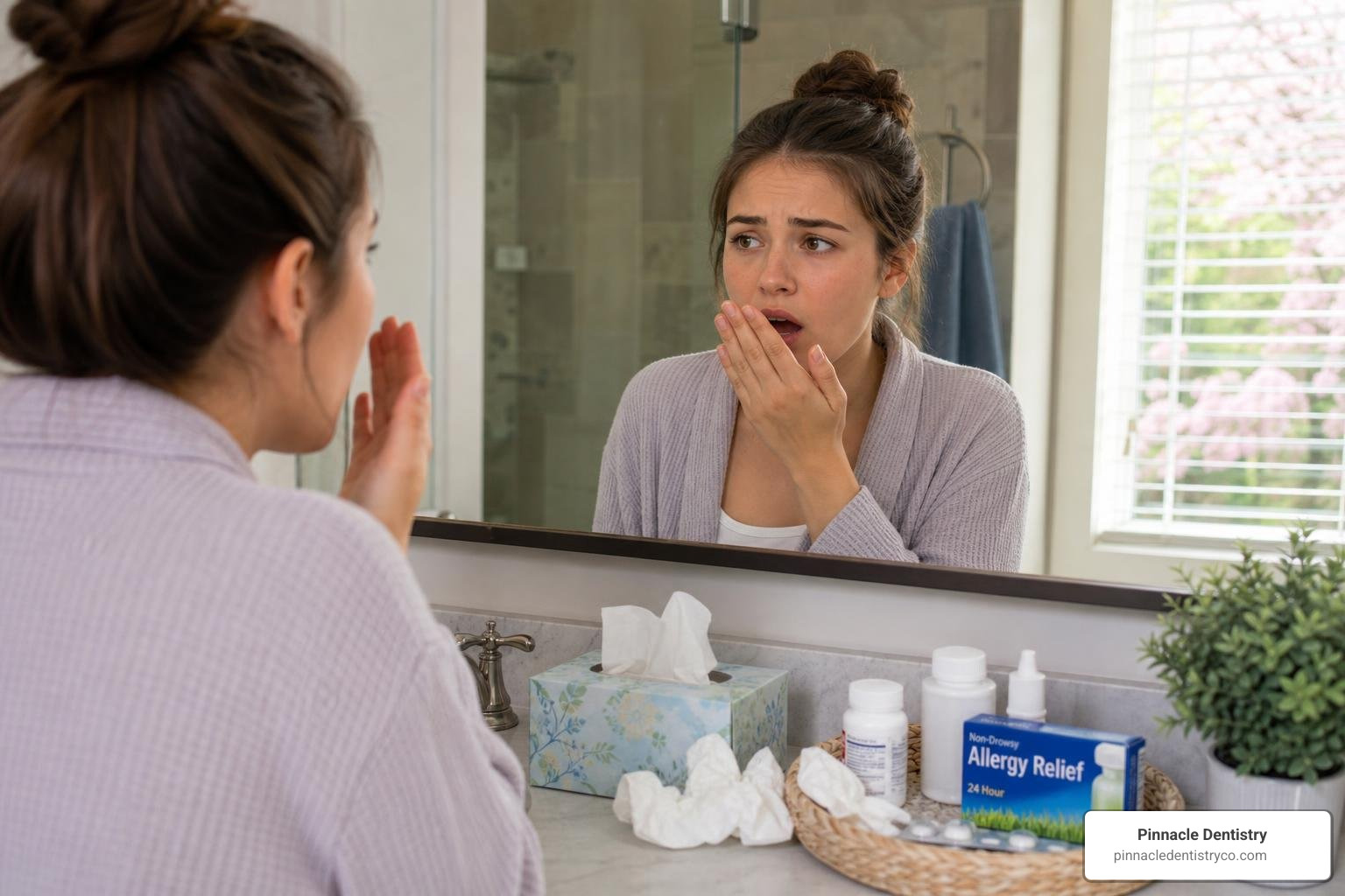 person checking their breath in the mirror during allergy season