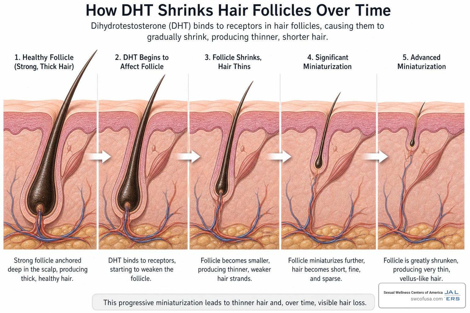 Diagram of hair follicle miniaturization showing how DHT shrinks healthy hair roots over time
