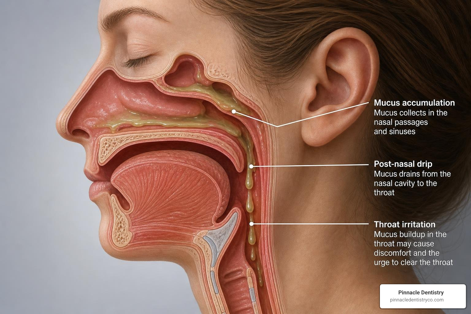 illustration of post-nasal drip pathway showing mucus accumulation in the throat