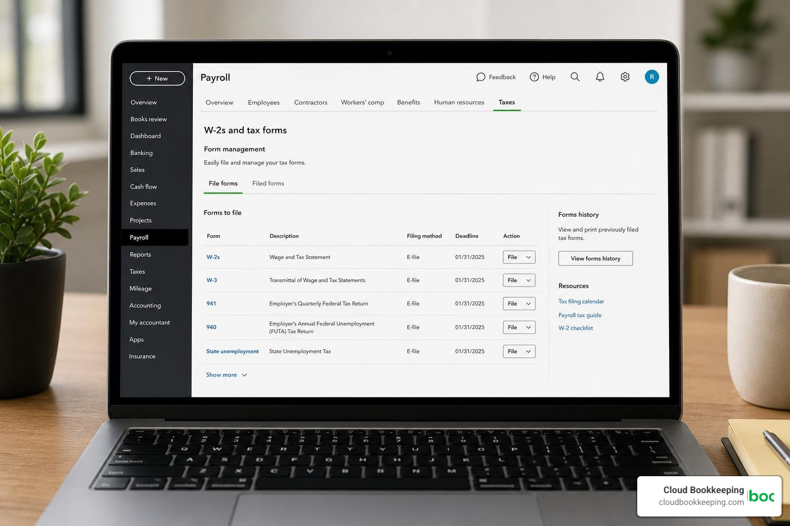 QuickBooks Online payroll dashboard showing W-2 and tax forms section QuickBooks Online payroll dashboard showing W-2 and tax forms section