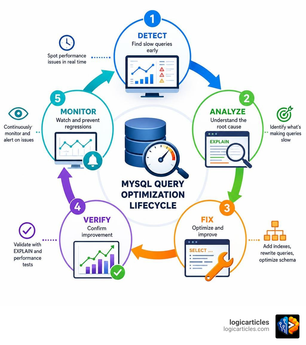 MySQL query optimization lifecycle from detection to fix to monitoring infographic MySQL query optimization lifecycle from detection to fix to monitoring infographic
