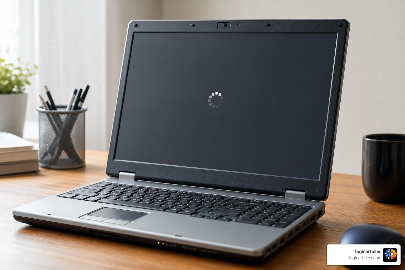 slow laptop with loading spinner on screen