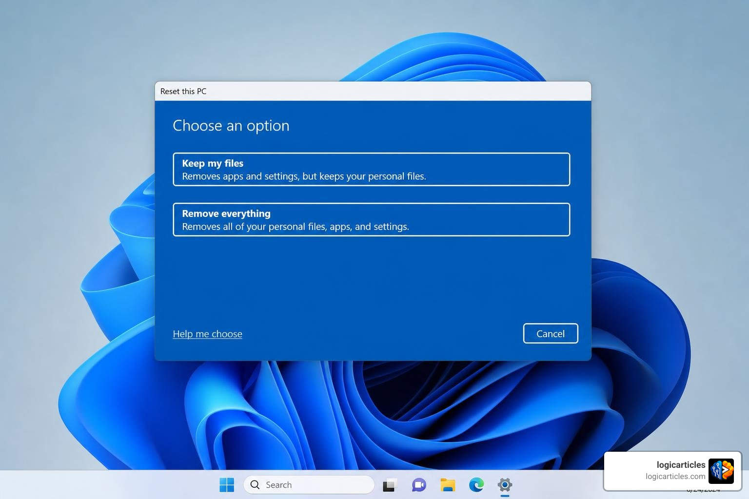Windows reset screen showing options to keep files or remove everything