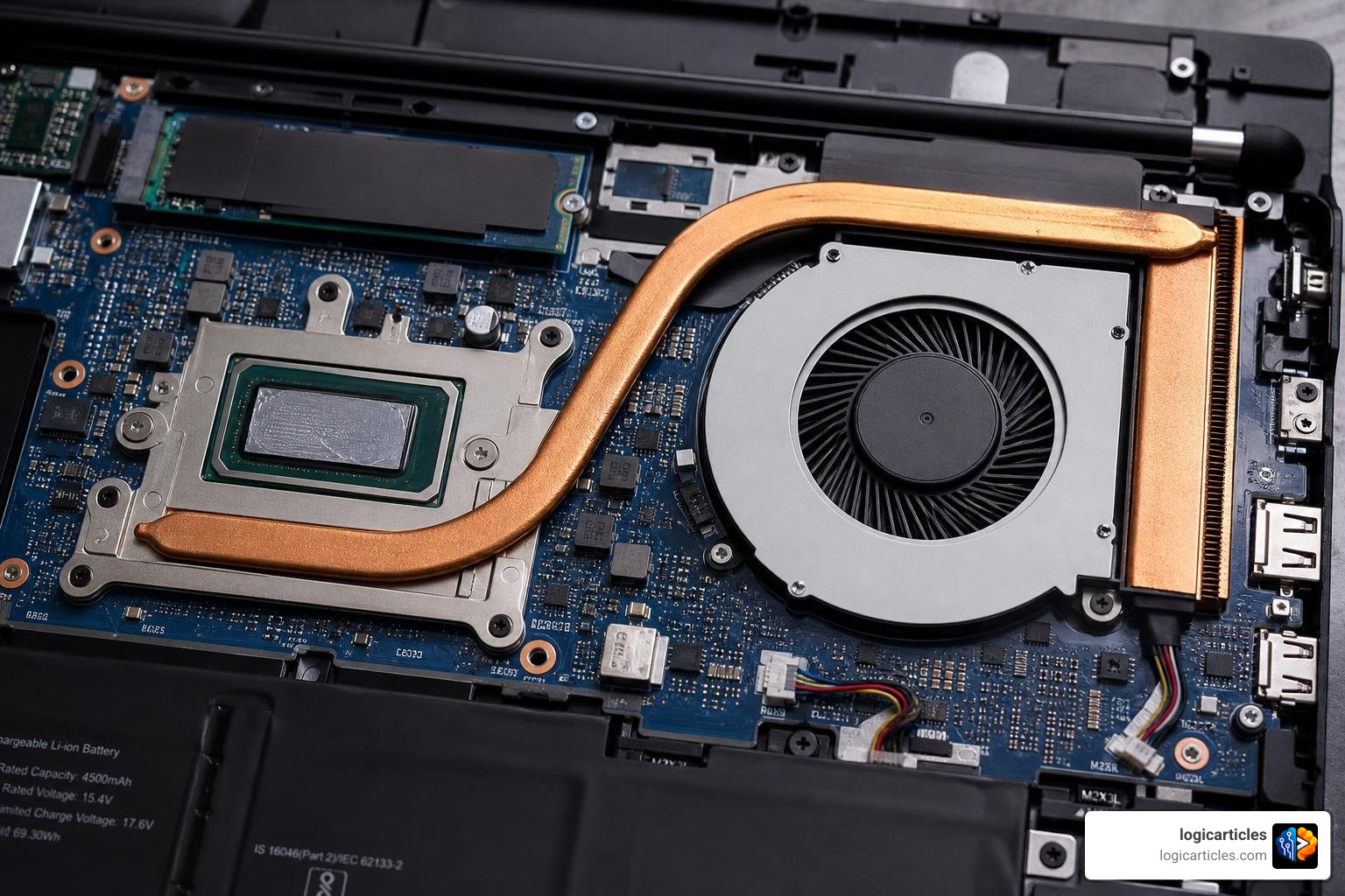 Diagram showing laptop internal components with heat pipe and cooling fan highlighted