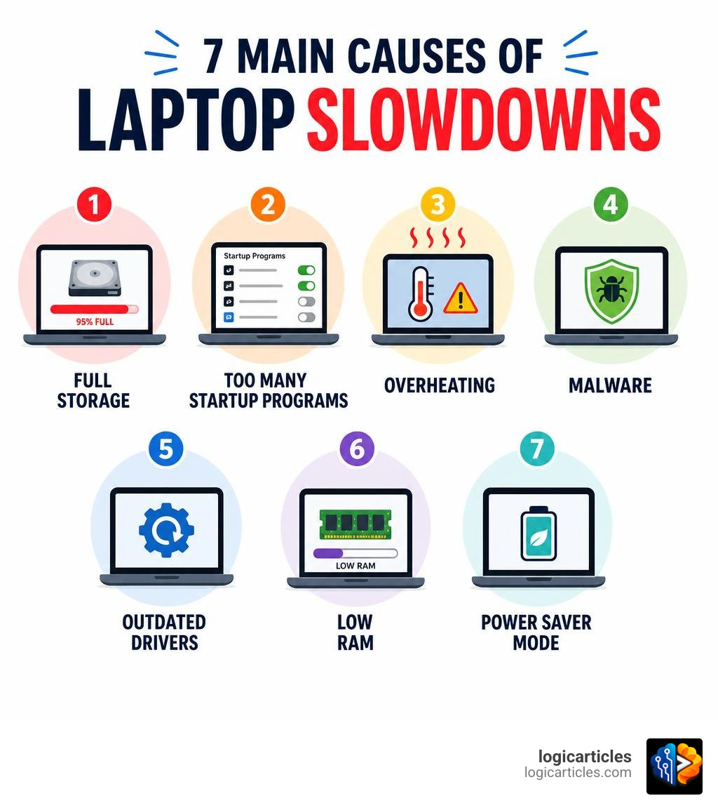 Infographic showing 7 main causes of laptop slowdowns: full storage, too many startup programs, overheating, malware