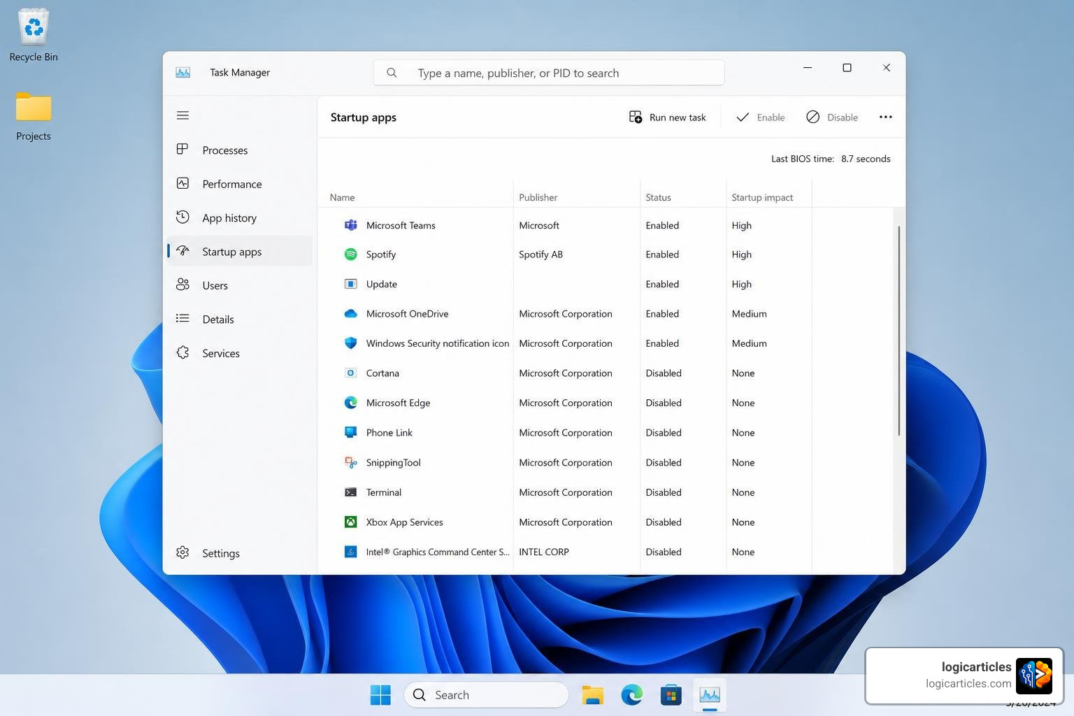 Windows Task Manager Startup tab with high-impact apps highlighted Windows Task Manager Startup tab with high-impact apps highlighted