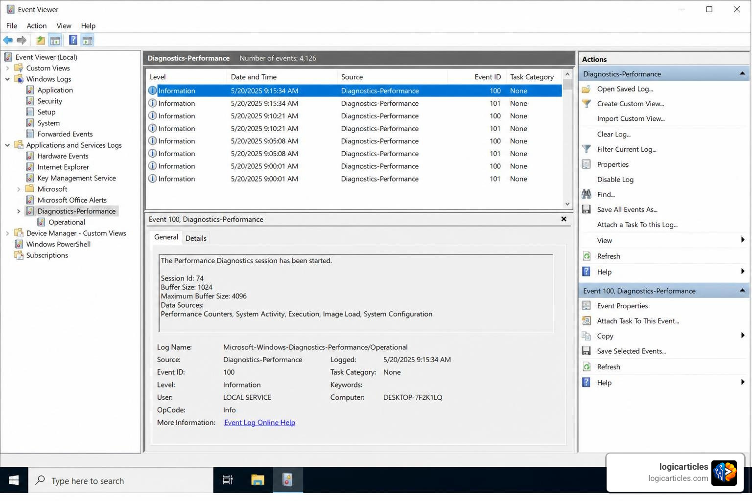 Event Viewer showing Diagnostics-Performance logs Event Viewer showing Diagnostics-Performance logs