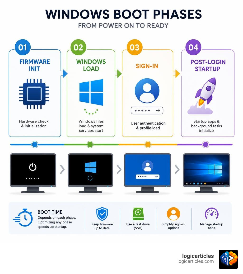 Infographic showing Windows boot phases: firmware init, Windows load, sign-in, and post-login startup infographic Infographic showing Windows boot phases: firmware init, Windows load, sign-in, and post-login startup infographic