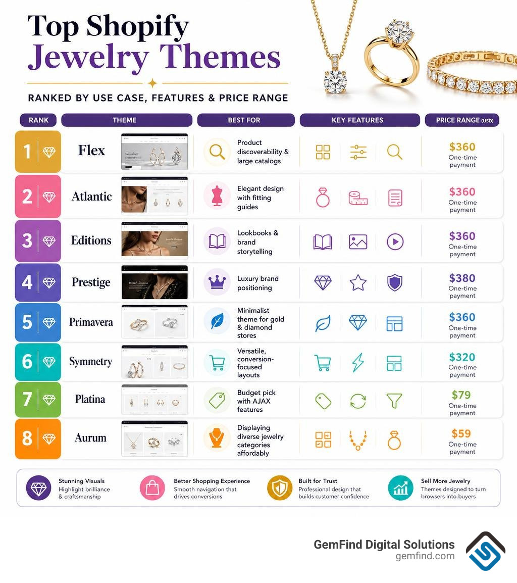 Infographic showing top Shopify jewelry themes ranked by use case, features, and price range infographic