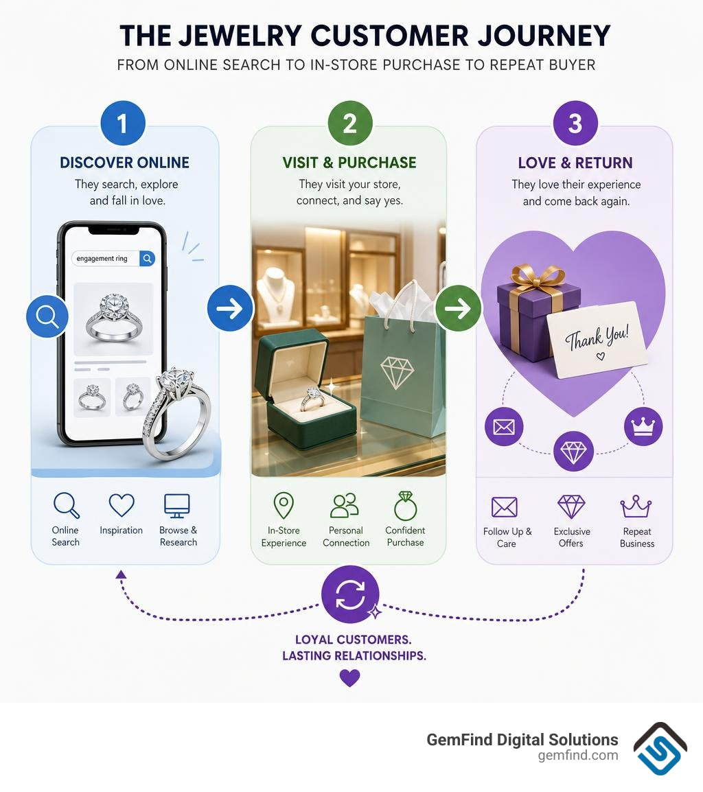 infographic showing the jewelry customer journey from online search to in-store purchase to repeat buyer infographic