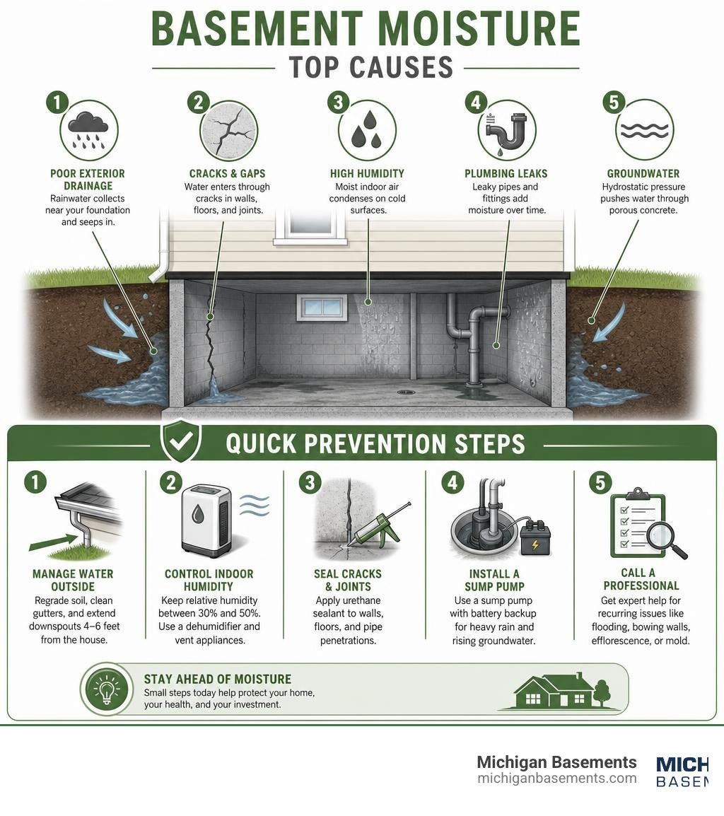 Infographic showing top causes of basement moisture and quick prevention steps infographic