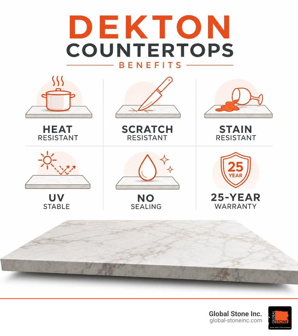 Dekton countertops benefits infographic: heat resistant, scratch resistant, stain resistant, UV stable, no sealing, 25-year