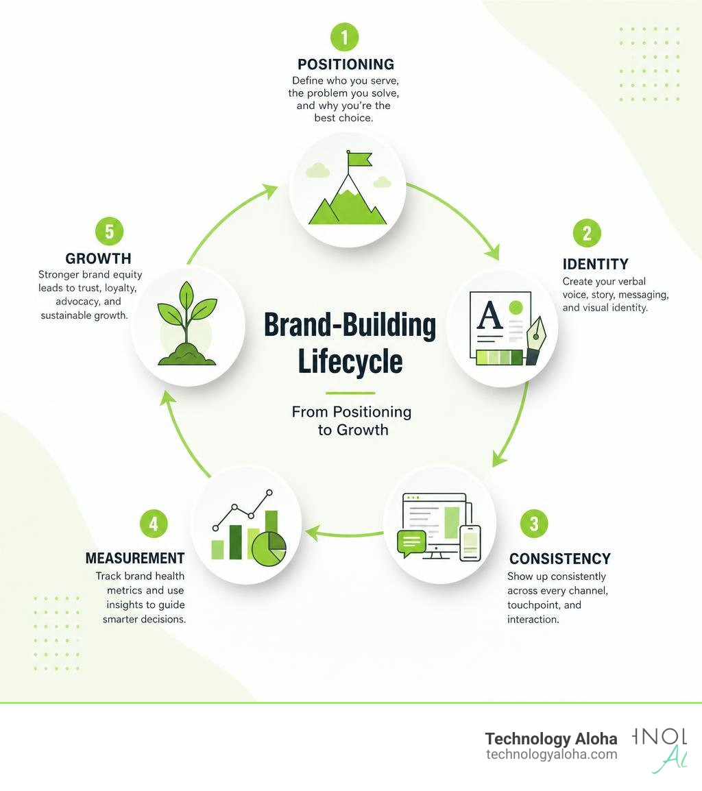 Brand-building lifecycle: from positioning to identity to consistency to measurement to growth infographic Brand-building lifecycle: from positioning to identity to consistency to measurement to growth infographic