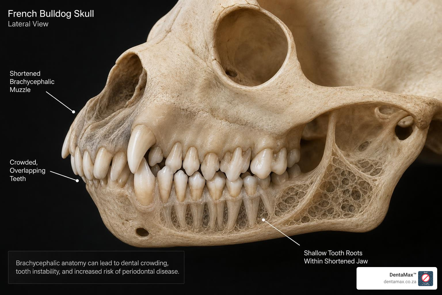 Anatomical diagram of a French Bulldog skull showing crowded teeth and shallow roots