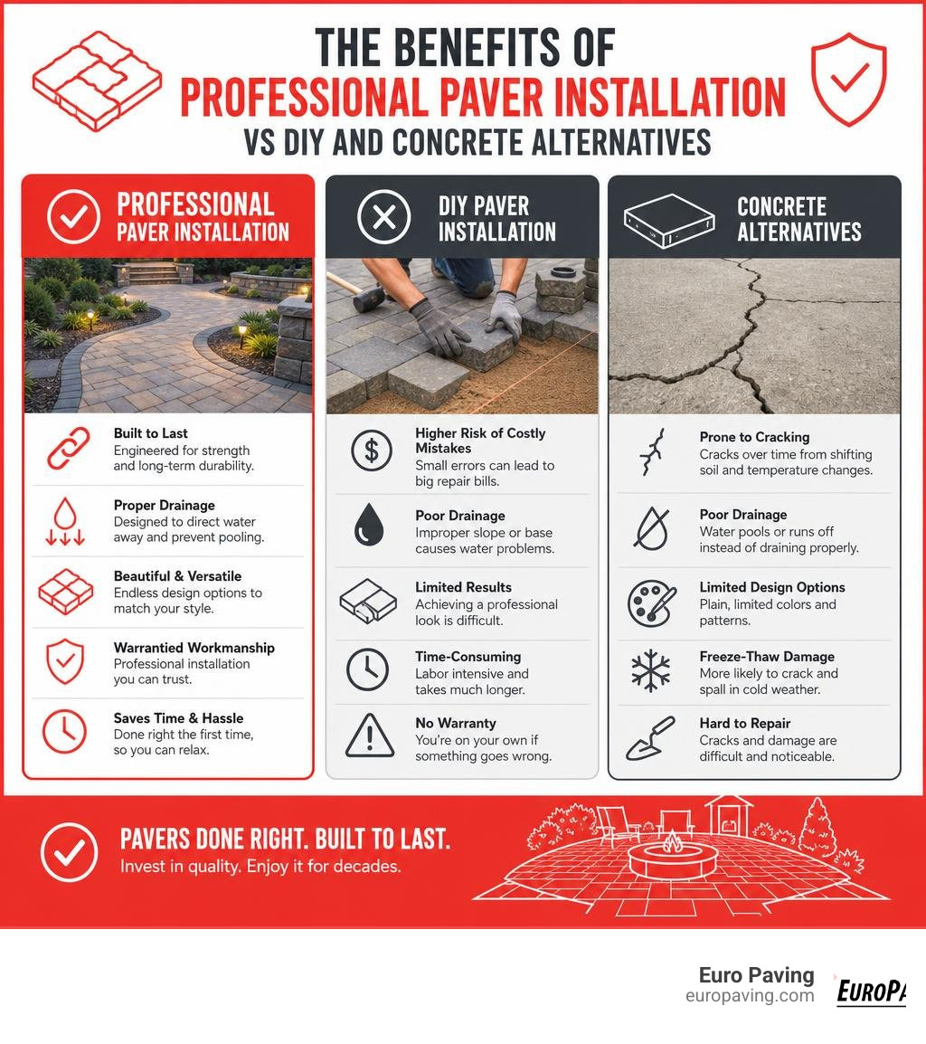 Benefits of professional paver installation vs DIY and concrete alternatives infographic infographic