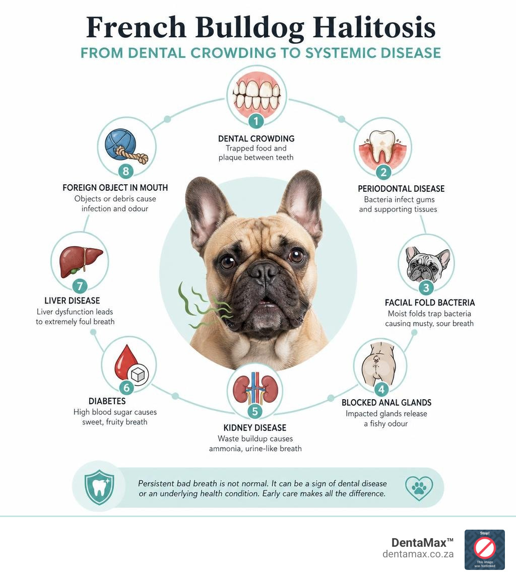 Infographic showing French Bulldog halitosis causes from dental crowding to systemic disease infographic