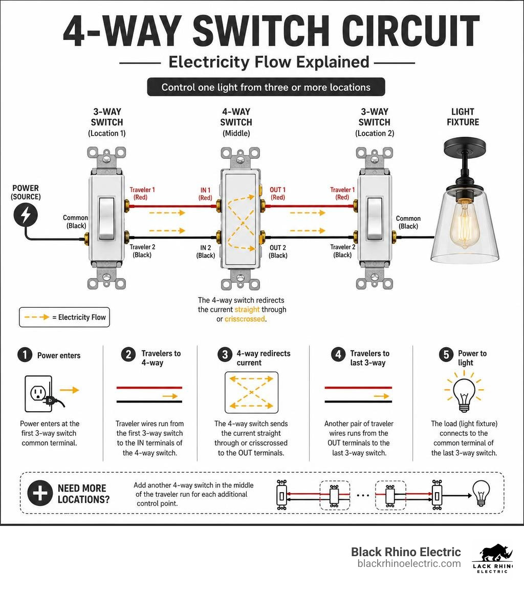 Infographic showing electricity flow through a 4-way switch circuit with 3-way switches at each end infographic