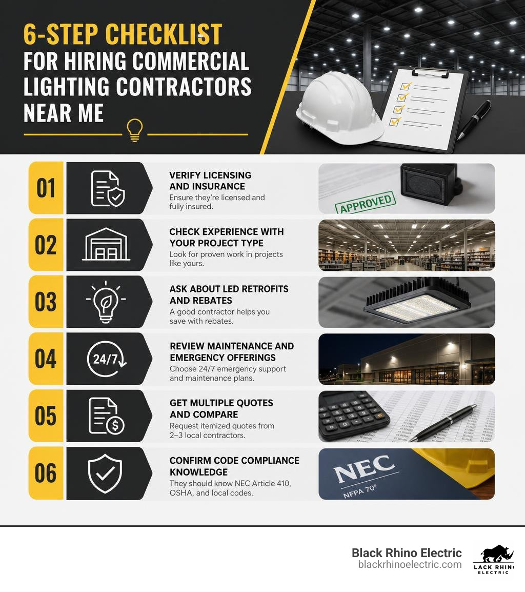 Infographic: 6-step checklist for hiring commercial lighting contractors near me infographic Infographic: 6-step checklist for hiring commercial lighting contractors near me infographic