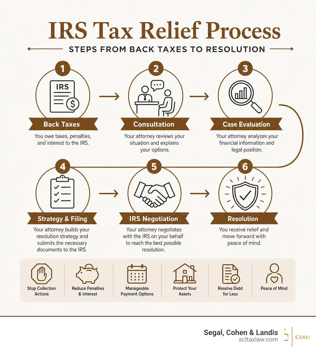 IRS tax relief process infographic: steps from back taxes to resolution infographic