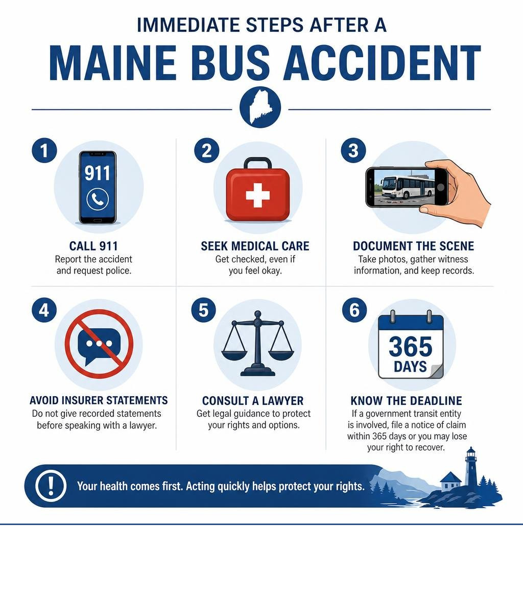Infographic: Immediate steps after a Maine bus accident — call 911, seek medical care, document the scene, avoid insurer