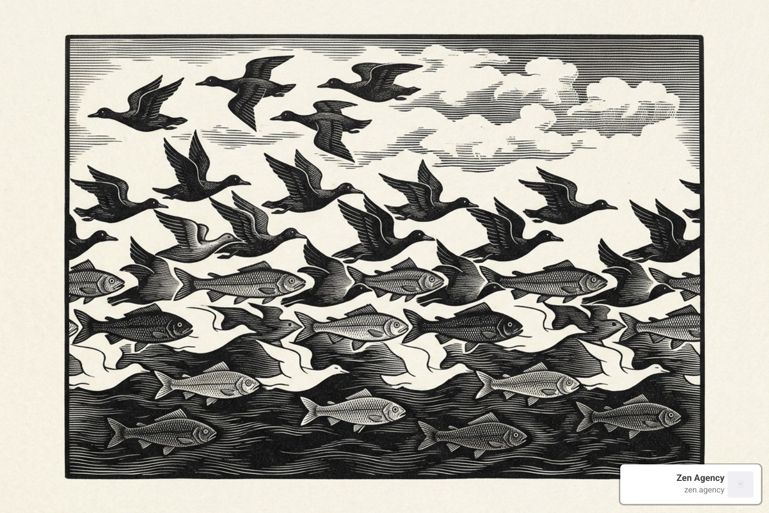 M.C. Escher's Sky and Water illustration showing figure-ground reversal M.C. Escher's Sky and Water illustration showing figure-ground reversal