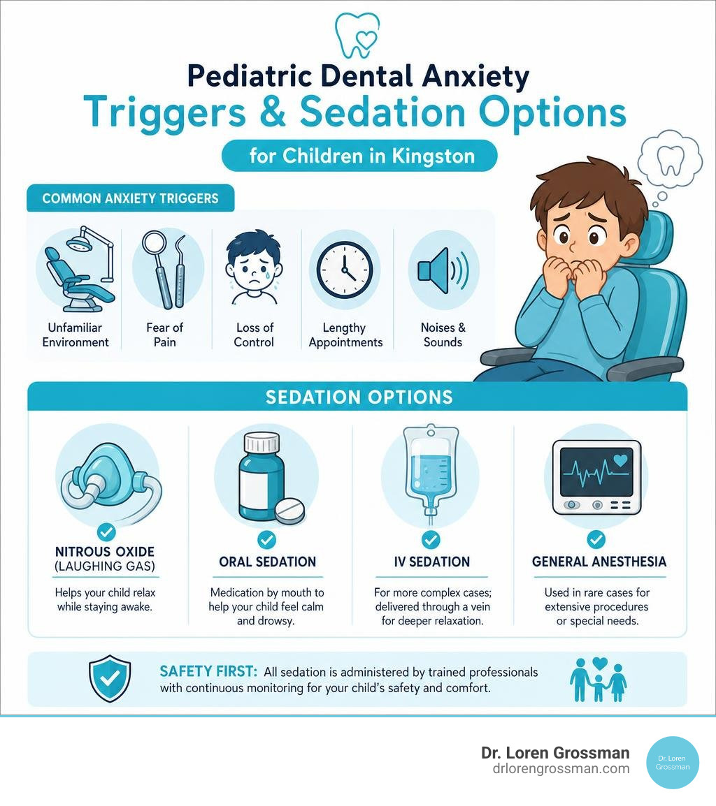 Infographic showing pediatric dental anxiety triggers and sedation options for children in Kingston infographic