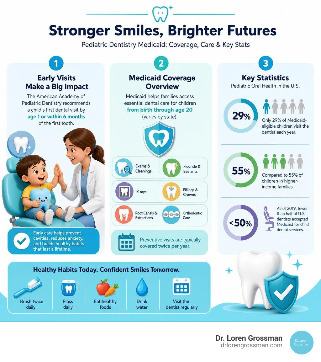 Infographic showing early childhood dental visit importance, Medicaid coverage overview, and key statistics for pediatric Infographic showing early childhood dental visit importance, Medicaid coverage overview, and key statistics for pediatric